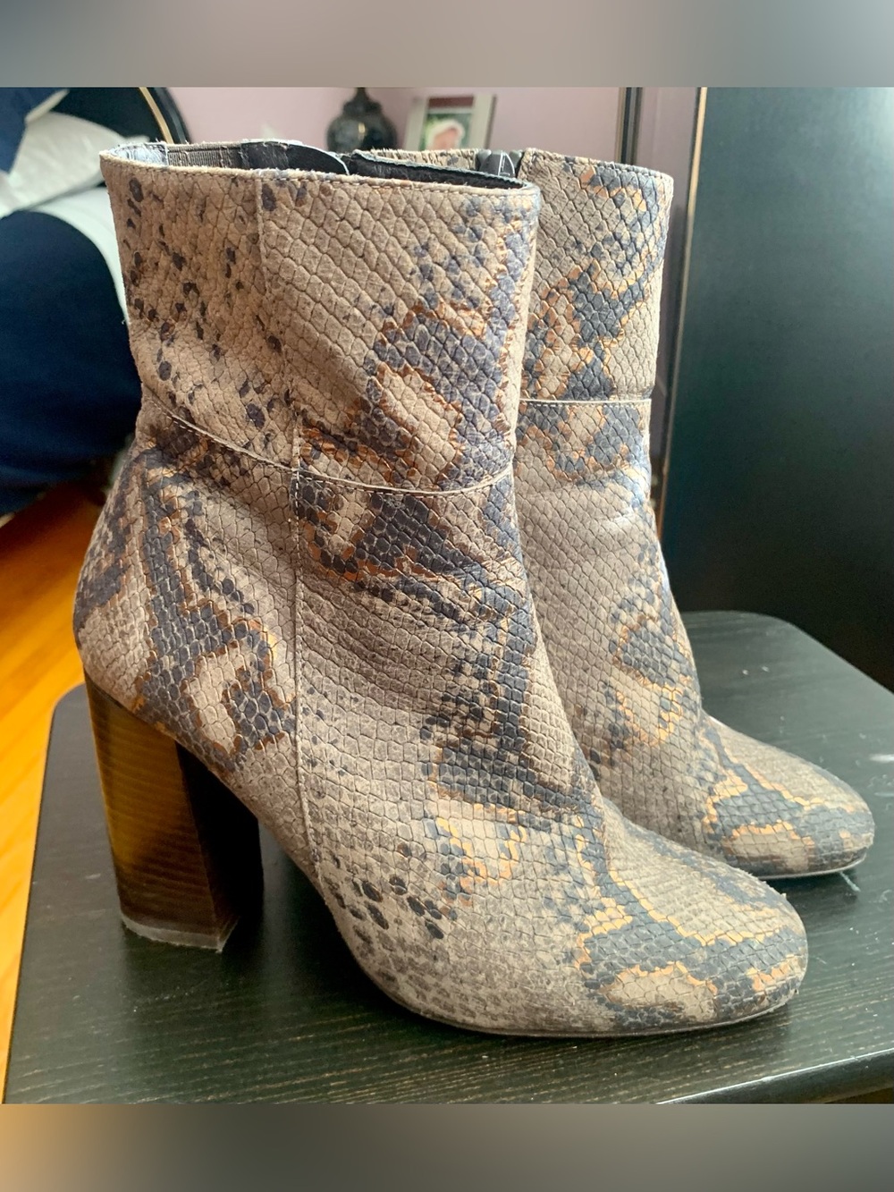 Free People Snake-Print Block Heel Ankle Boots - Gray/Tan SZ 38(7.5)